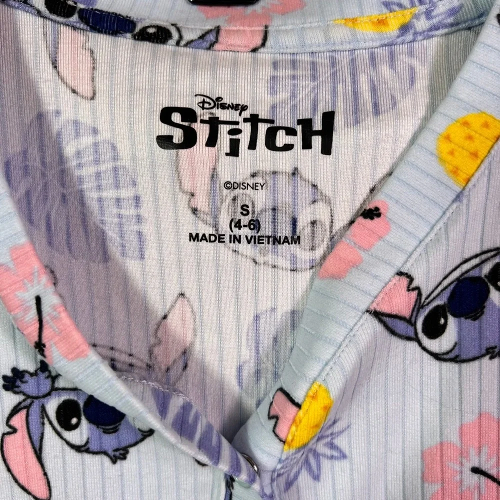 Disney Stitch Tropical Ribbed Pajama Set Womens Small Blue Henley Top Pants 2pc